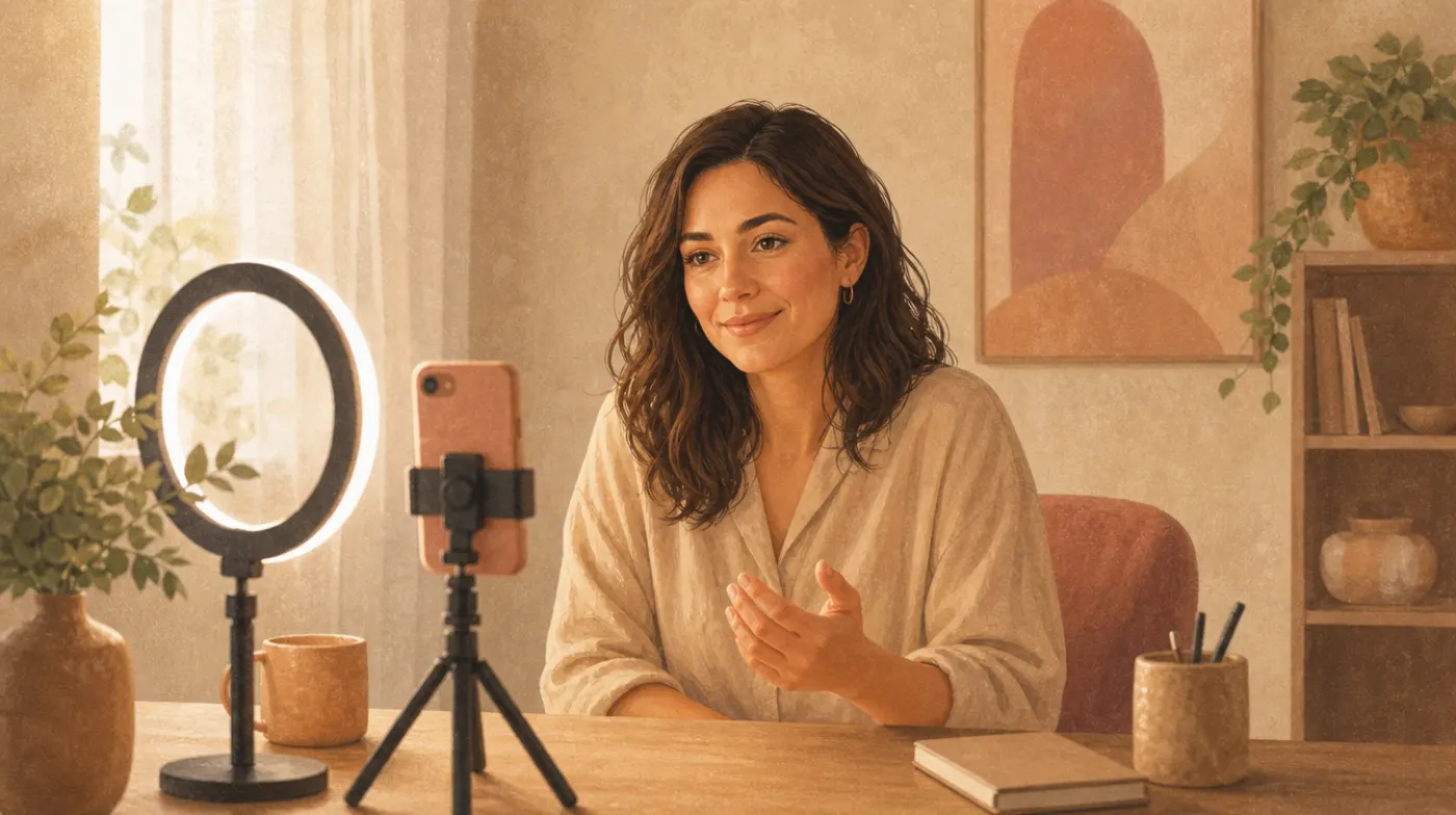 A therapist recording a short video of herself at a tidy desk with a phone on a small tripod and a ring of soft window light.