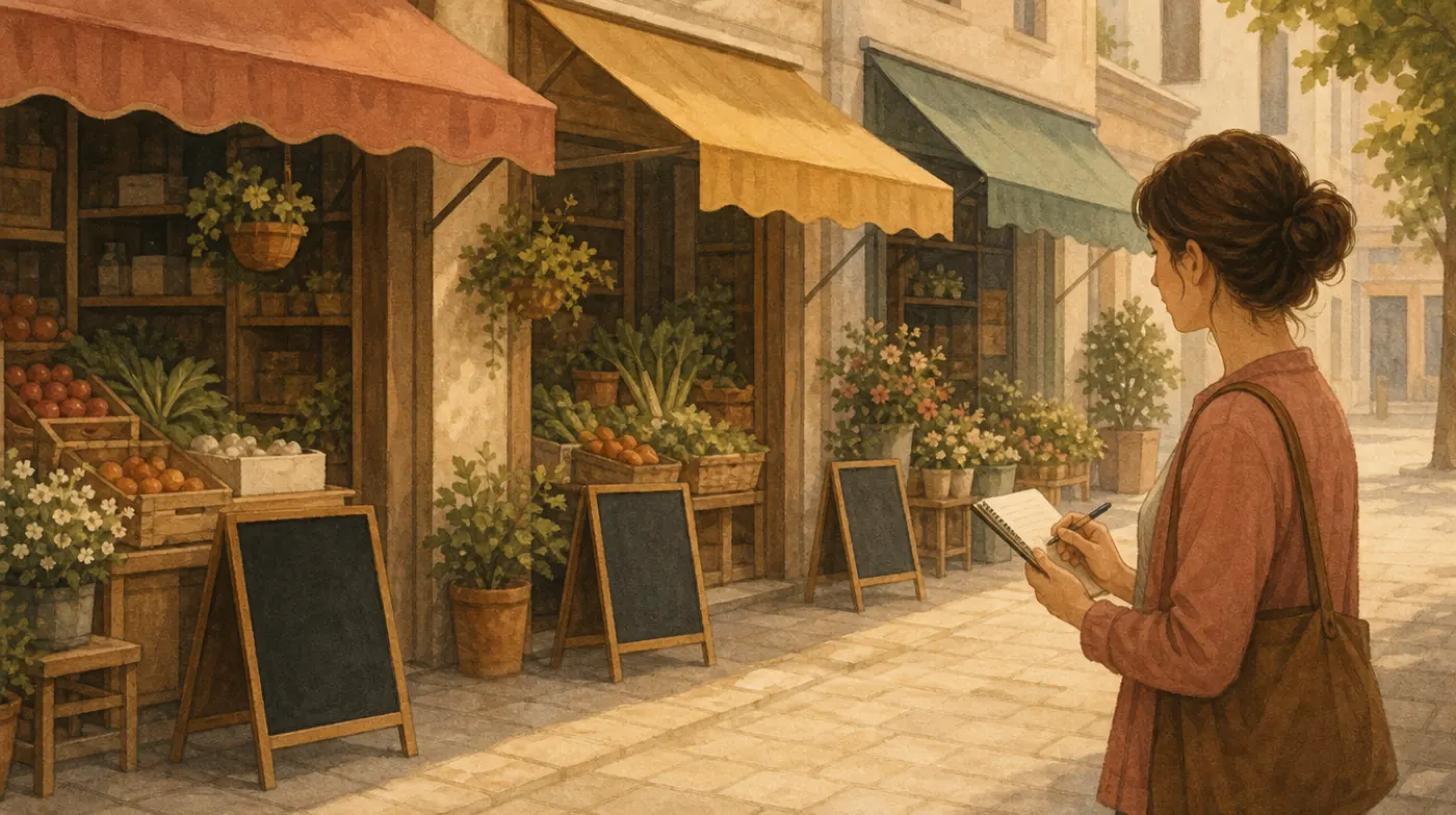 A market street with several small shop awnings, each with a blank price chalkboard outside, a clinician with a notebook comparing them.