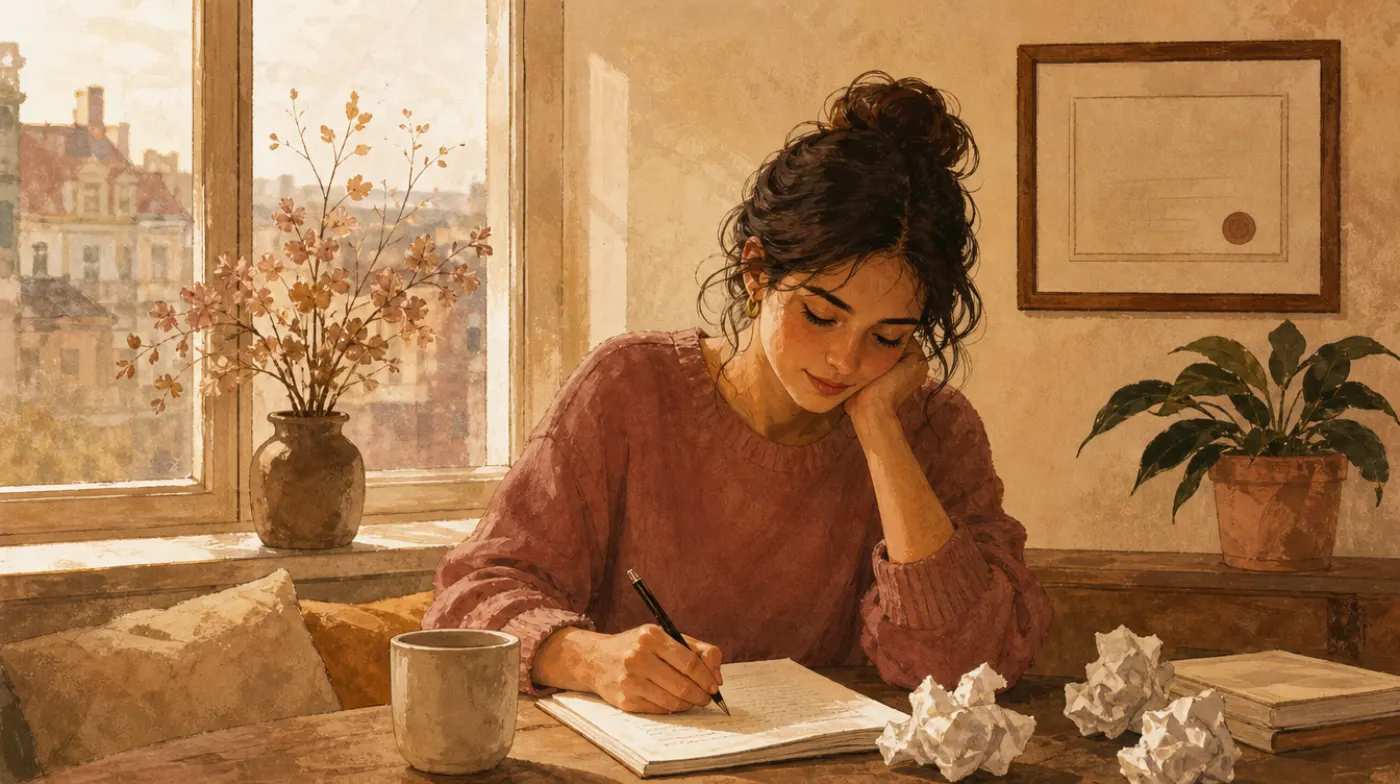 A woman writing by hand at a window seat, crumpled drafts beside her, a framed diploma on the wall behind.