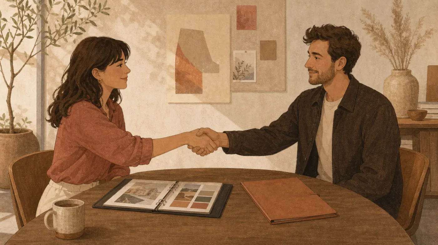 Two people shaking hands across a meeting table in a small agency office, a portfolio binder and a contract folder between them.