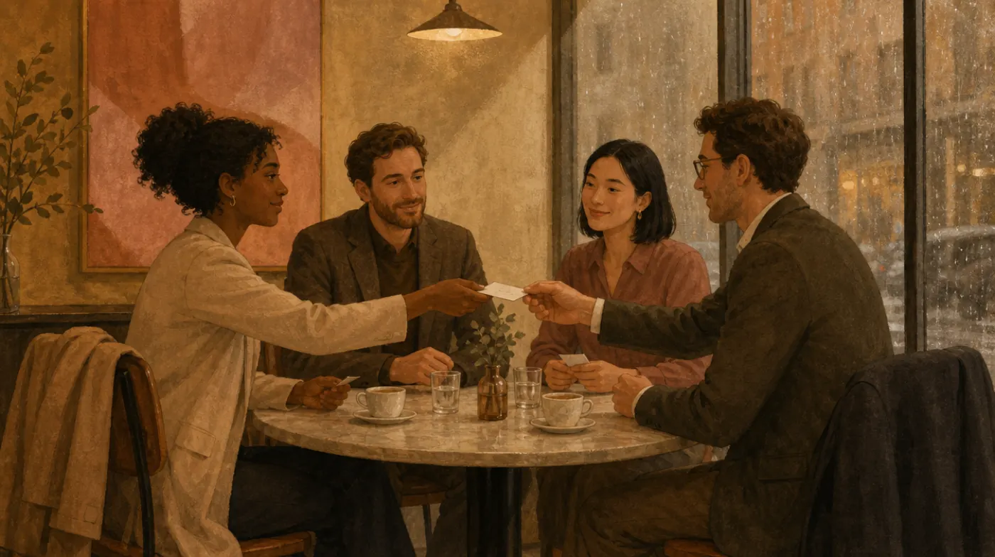 Four professionals around a round cafe table exchanging business cards, coats on the chair backs, rain on the window.