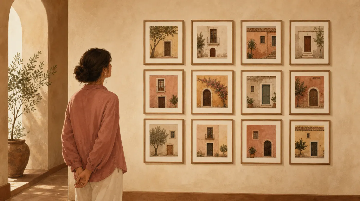 A gallery wall of twelve small framed pictures of house facades in a hallway, a woman studying them with her hands behind her back.