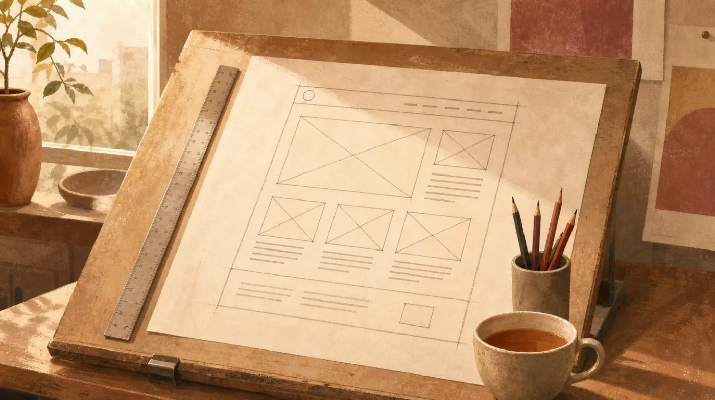 An architect's drafting table with a paper wireframe of a simple website, a ruler, pencils and a cup of tea.