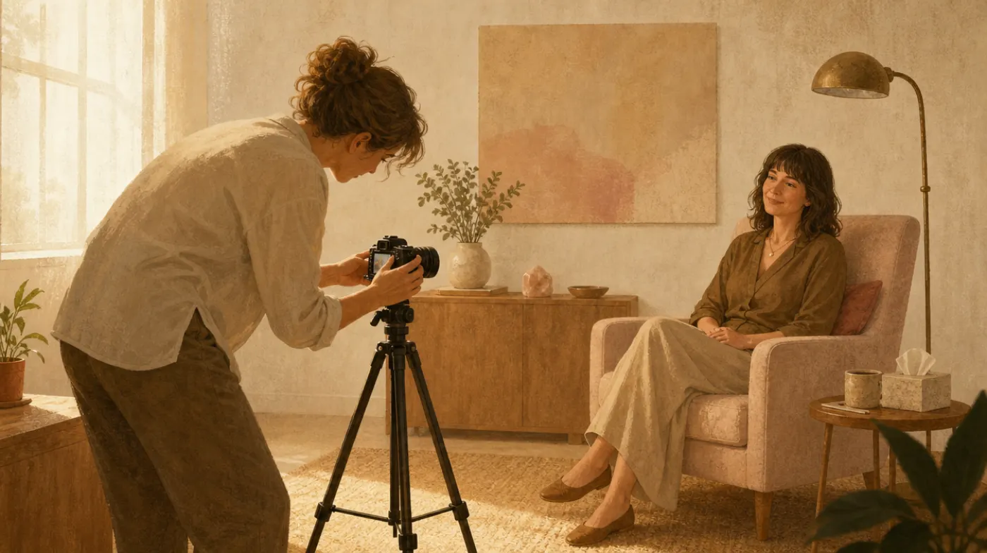 A photographer adjusting a small camera on a tripod in a bright consulting room while a therapist sits in an armchair waiting for a portrait.