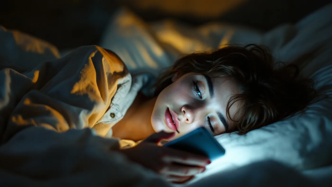 Social media addiction statistics 2026: a teenager lit by a phone screen in a dark bedroom