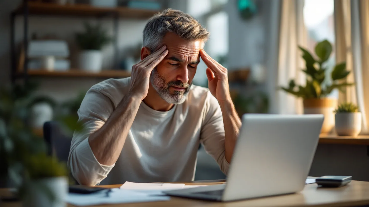 Stress statistics 2026: a woman pausing at a kitchen table in early morning light, laptop open, coffee going cold