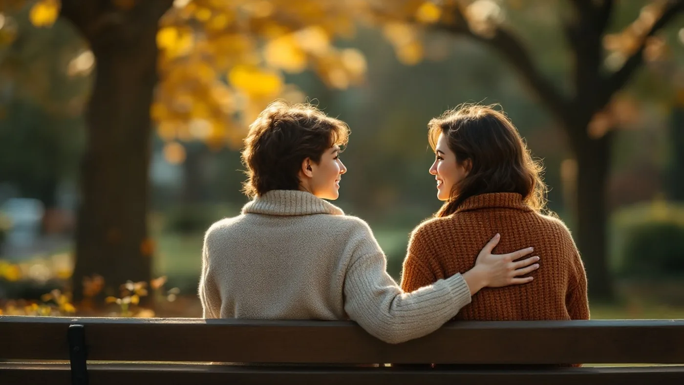 Suicide statistics 2026: two people talking side by side on a park bench in early evening light