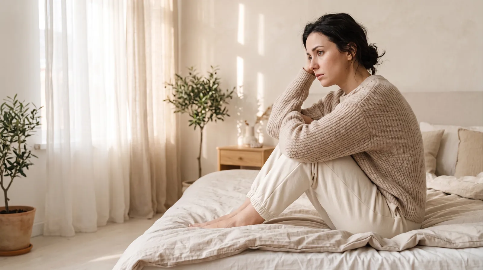 A woman in a beige knit sweater sits on her bed hugging her knees, resting her head on her hand and looking out of a sunlit window