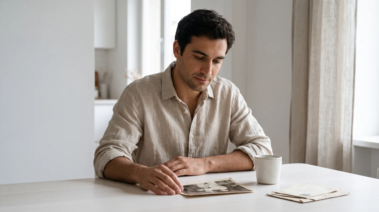 A man sits at a table looking down at an old black-and-white photograph, a stack of old letters beside him